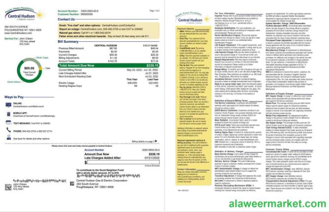 USA New York Central Hudson A fortis company utility bill, Word and PDF template, 3 pages 1 2